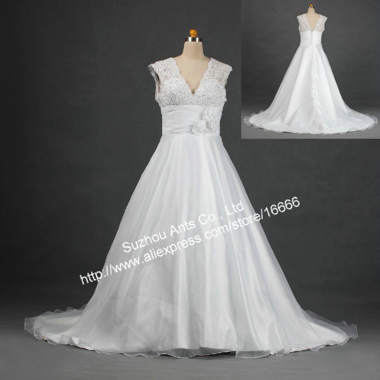 Crystal V neck ALine Button Organza and Lace wedding dress 2012 Formal