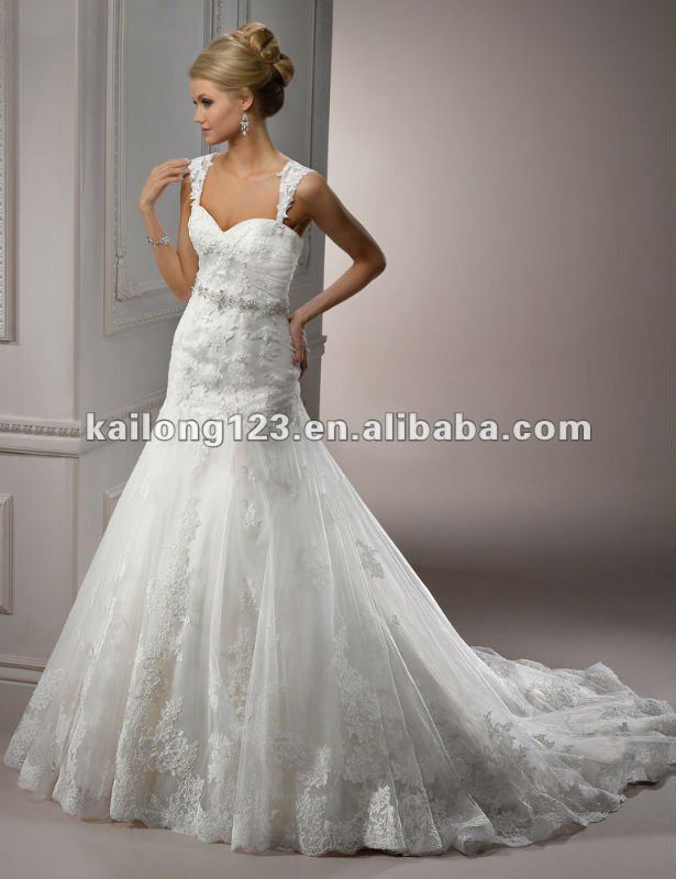 Delicate Sweetheart Matching Cap Sleeves Fit and Flare Chapel Lace On Tulle
