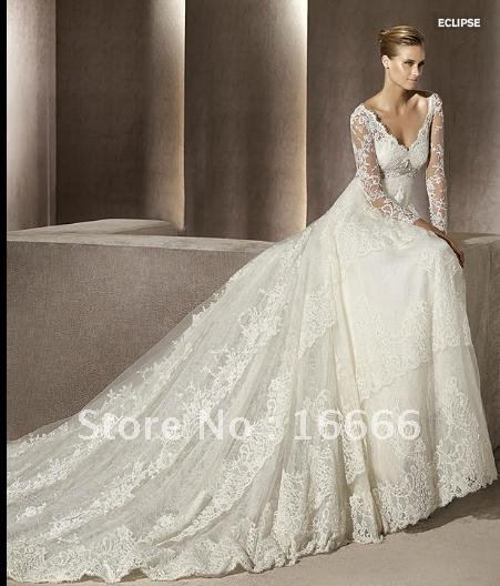 V neck 2012 Long Sleeve Wedding Dress With Chapel train Luxury bride EU466