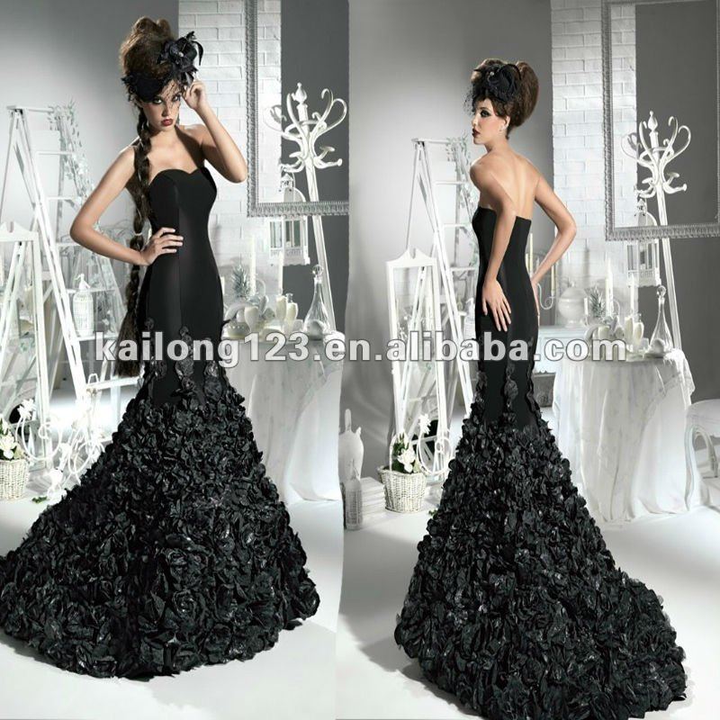 Unique Strapless Ruffle Flower Black Taffeta Satin Mermaid Wedding Gown