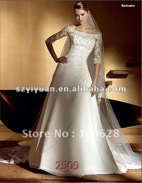 2012 latest lace top off shoulder long sleeve bridal wedding dress