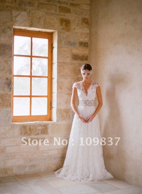  Aline Court Train White Lace Pleats Beaded Wedding Dresses Bridal Gown