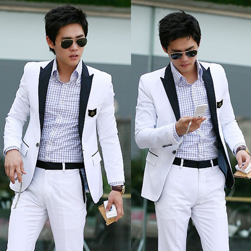 Slim Sexy Top Designed mens White suit Black collar mens's fashion jacket