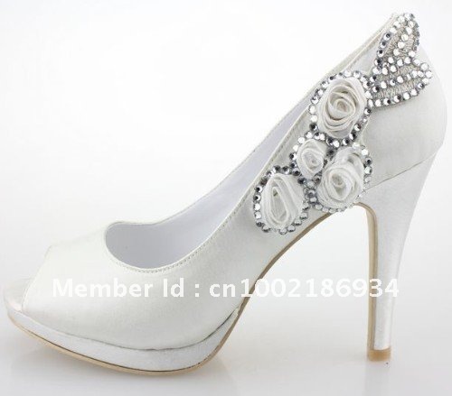  Heel Peep Toe Pumps With Rhinestone Satin Flower Wedding Bridal Shoes