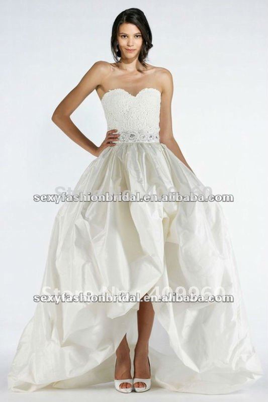  neck lace bodice front short long back high low hem lace wedding dress