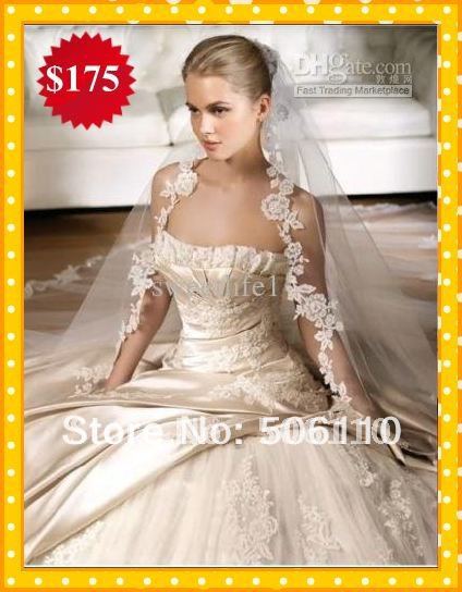  Ball Gowns Champagne Satin Ruffles Lace Long Wedding Bridal Dresses 