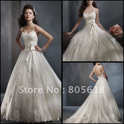 ALine long train Strapless Formal white Wedding Dress with beads