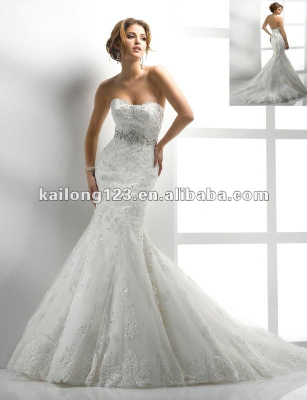  Trumpet Chapel train Crystal Beaded Lace On Tulle Fishtail Wedding Dress
