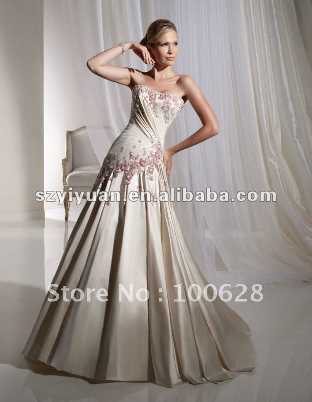 2012 elegant strapless white and pink lace bridal wedding dress