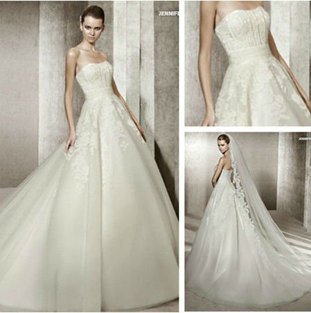 T1128 Scoop Neckline Court Train Organza Spanish Lace Wedding Dresses