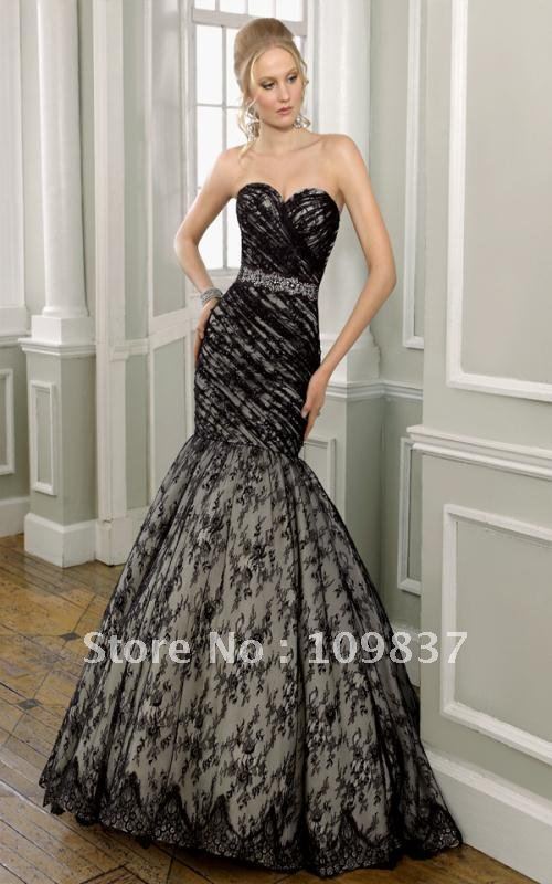  Mermaid Court Train Applique Lace Black Wedding Dresses 2012 W01