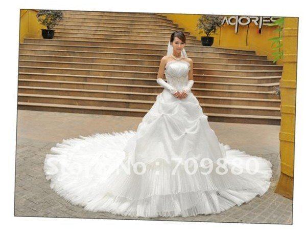 Big promotion 2012 Wholesale retail Cathedral train strapless organza ruffle