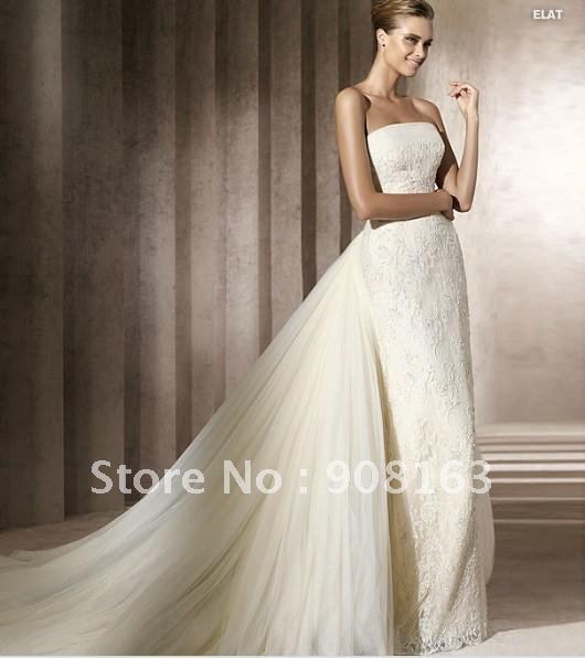 Strapless Long Tulle Train Lace Chapel Train Champagne Wedding Dresses