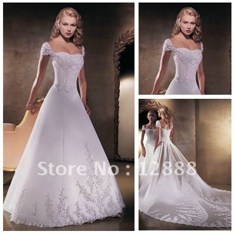 Free Shipping White Satin Vintage Style Cap Sleeve Royal Train Wedding Dress