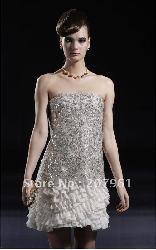 2012 fashion backless with silver laceshort paragraph banquet Prom dress 