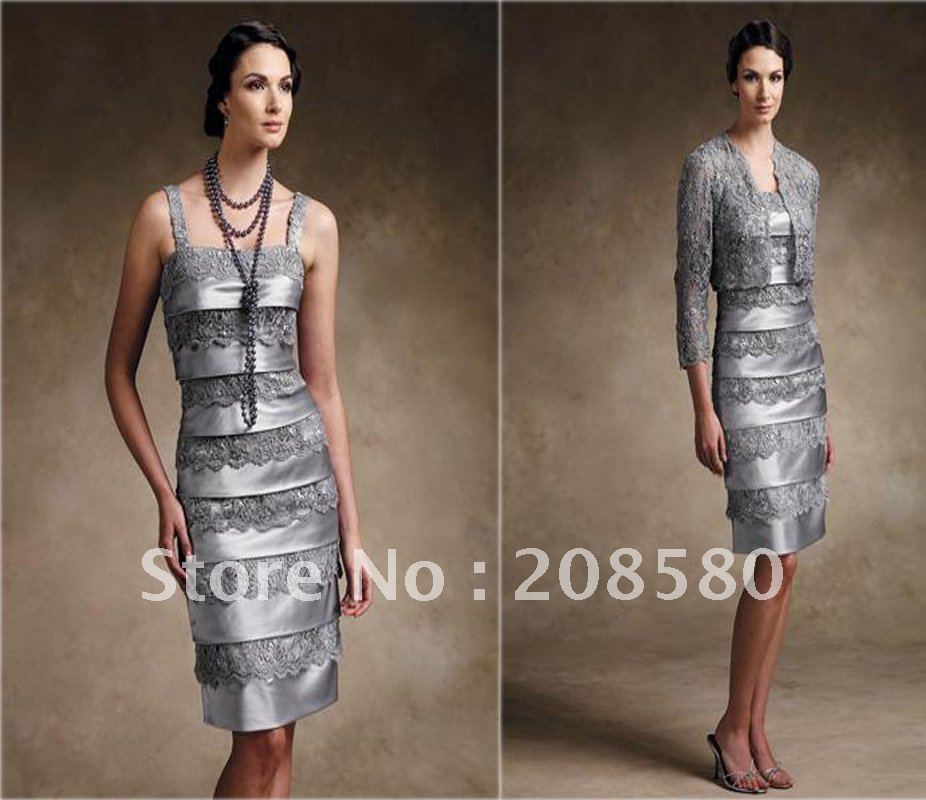 Silver beaded lace jacket sheath kneelength mother of bride dresses gowns