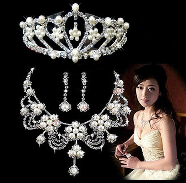  4073 Luxurious Pearl Bling bling Bridal Jewelry Set Tiara Necklace 