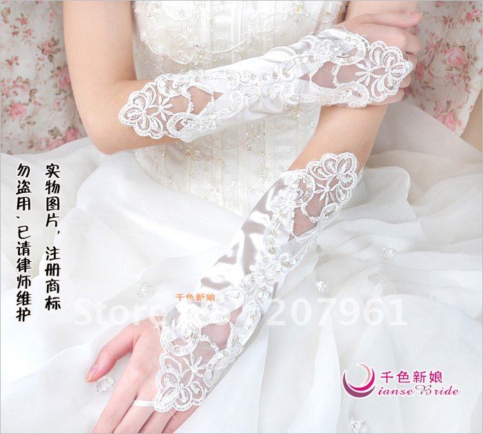 White ivorySatin Gloves Pairs Lace Fingerless Bridal Wedding Gloves 10