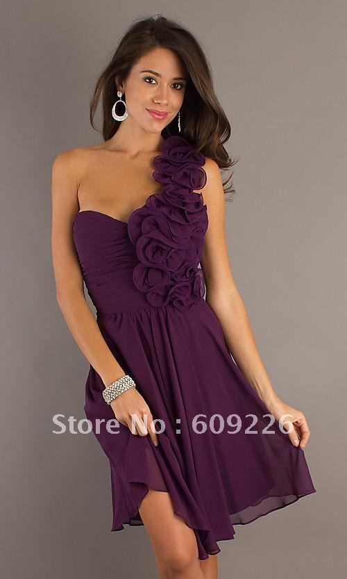 Short One Shoulder Purple Chiffon Party Dress with Flower Ruffles on ...