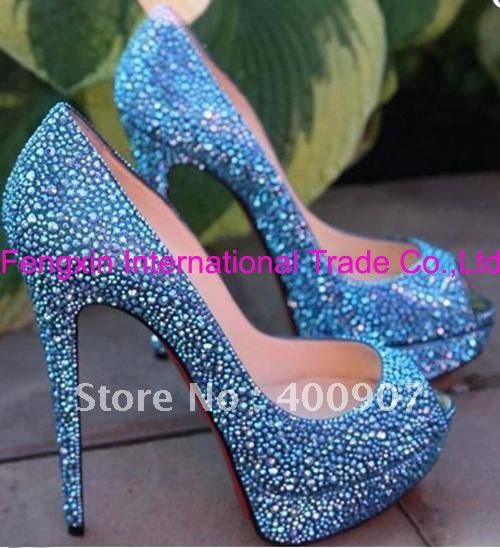 Sexy blue crystal rhinestone bridal shoes 14cm high heels wedding party 