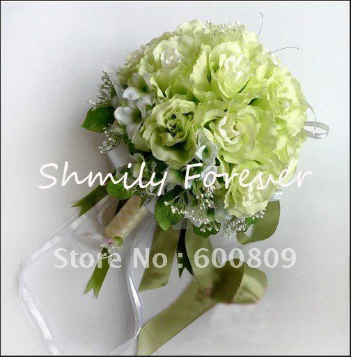 Pretty Green Silk flower with pearls and sash Wedding Bouquetsbridal 