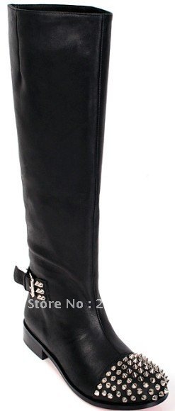 Hotsale red sole Women knee Boot genuine leather knee Boot suede boots pointed rivets knee high