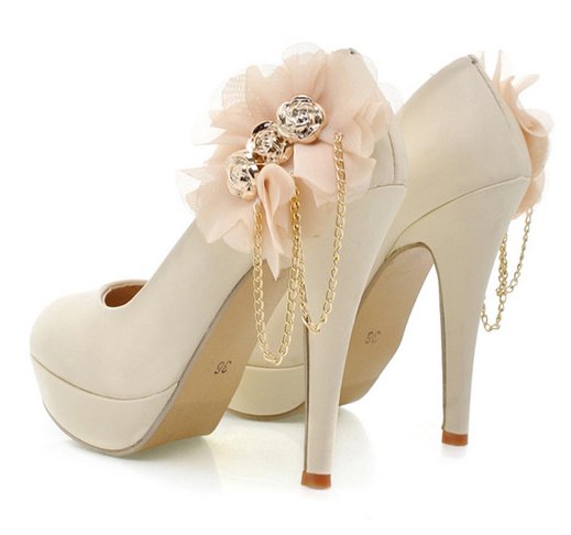 Women 39s fashion White flower leather links platform wedding pumps high heels