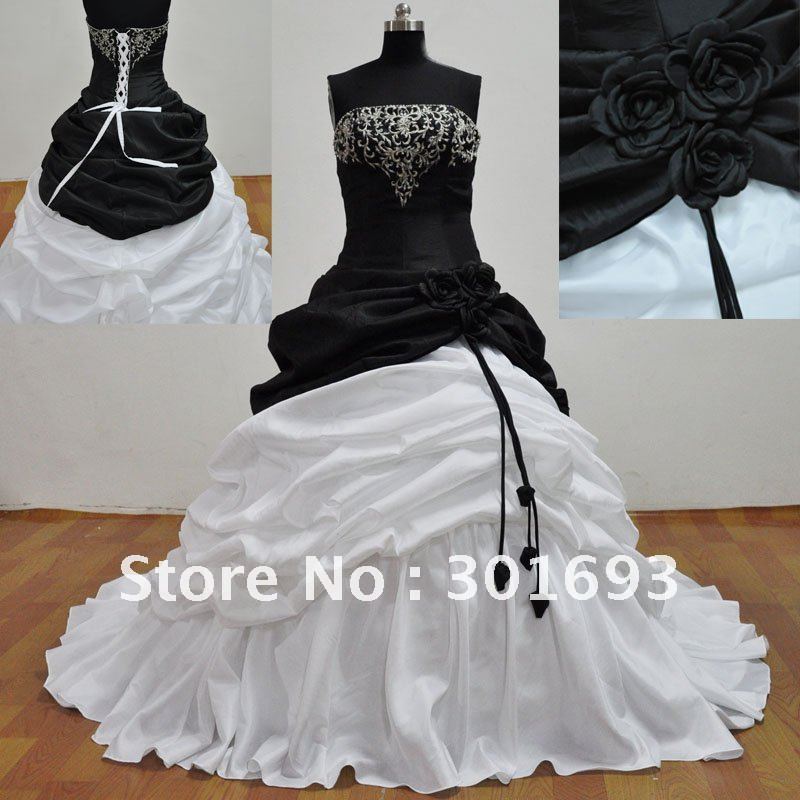 Fully Boned Corset Back White and Black Embroidered Wedding Dresses