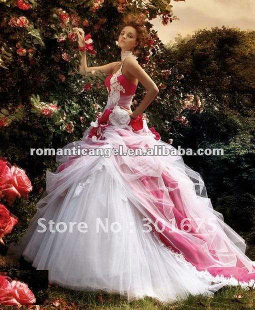 free shipping hot pink pastoral applique wedding dress