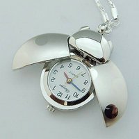 Fashion jewelry Silver Steel Ladybug Pocket Quartz Watch With Necklace Ring Free Shipping
