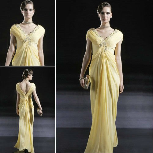  elegant yellow lady's chiffon cap sleeve embroidery long evening dress