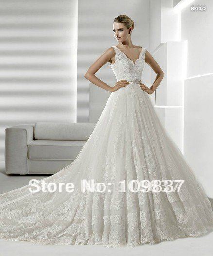  Fashionable Aline Vneck Chapel Train Beaded Lace Wedding Dress W0195