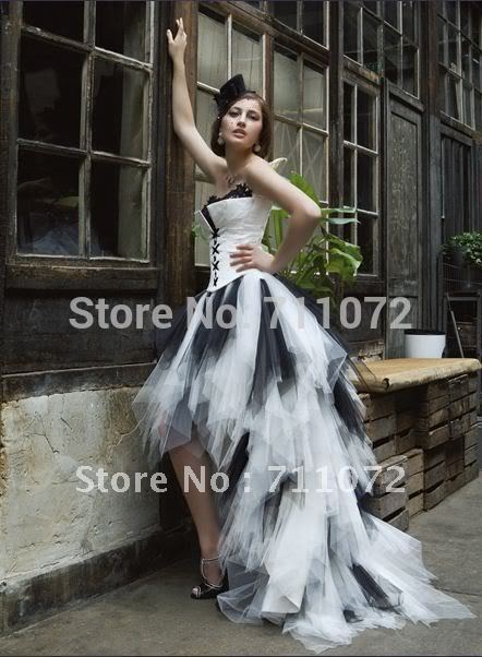  Short Long Back Strapless Neting Layers White And Black Wedding Dress E 