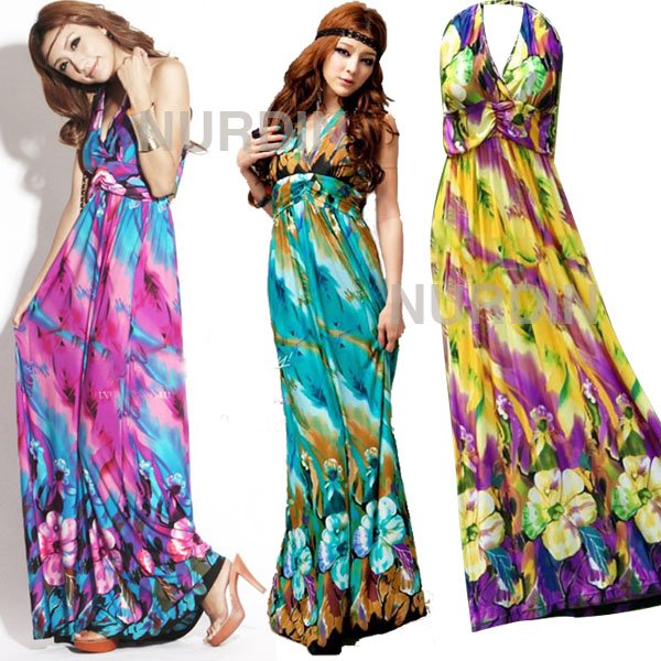 Fashion Bohemia Purple Color Halter Floral Summer Long Dress Maxi Dress