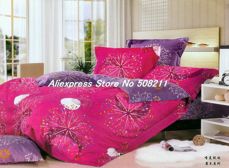 Wholesale,Cotton 4 pcs King bed linen Blooming Flower Roseo and Purple floral pattern printed comforter covers in a bag sets(China (Mainland))