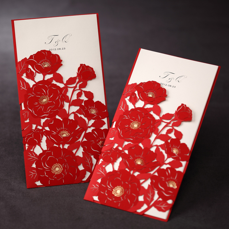 Red Poppies Cutout Trifold Wedding Invitation Set of 50 Printable and