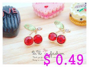 Min.order is $10 (mix order) Fashion Earring.Metal Cherry Stud Earrings Red Crystal Earring Korean Style Free shipping Ke032