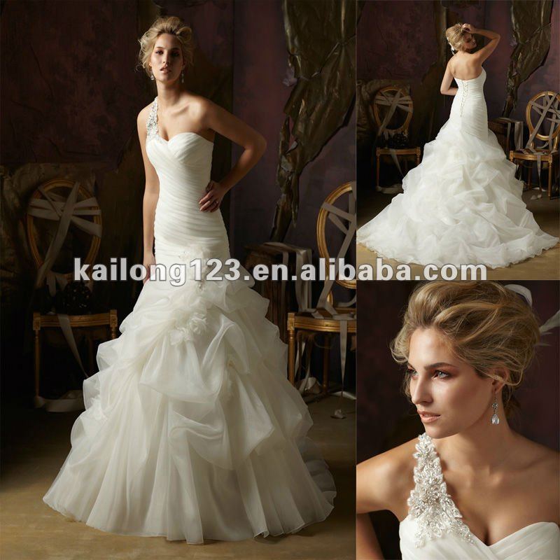  Beaded Oneshoulder Fit and Flare Pick Up Organza Lady Bridal Dress
