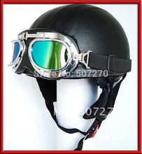 Leather Bol Half Face Motorcycle Black Helmet , Motorbike Casco , Bicycle Casque & Goggles Adults M L XL