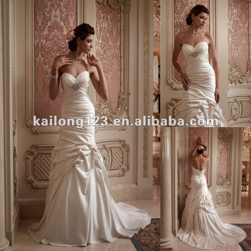Fit and Flare Chapel train Crystal Beaded Ruched Satin Bridal Gowns