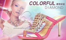 Hollow fashion shoes sandal high heeled Handmade Bordered rhinestone sheepskin slides women crystal shoes pink Free