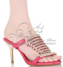 Hollow fashion shoes sandal high heeled Handmade Bordered rhinestone sheepskin slides women crystal shoes pink Free