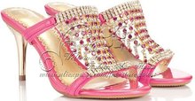Hollow fashion shoes sandal high heeled Handmade Bordered rhinestone sheepskin slides women crystal shoes pink Free