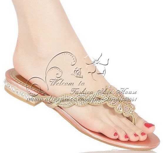Flower diamond fashion sandals square low heeled Handmade border rhinestone sheepskin flip flops crystal shoe gold