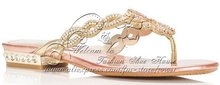Flower diamond fashion sandals square low heeled Handmade border rhinestone sheepskin flip flops crystal shoe gold
