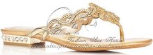 Flower diamond fashion sandals square low heeled Handmade border rhinestone sheepskin flip flops crystal shoe gold
