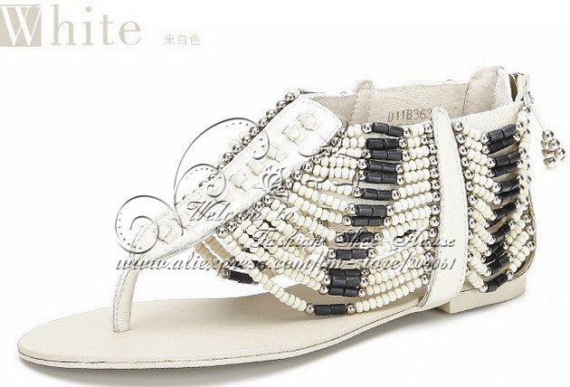 Bohemian beading Fashion sandals flat sheepskin handmade beads gladiator flip flops women s shoes green white