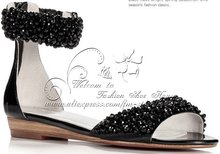 Elegant Rome sandals flat hand sew beads sandals sheepskin rhinestone beading women crystal shoes black beige