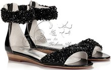 Elegant Rome sandals flat hand sew beads sandals sheepskin rhinestone beading women crystal shoes black beige
