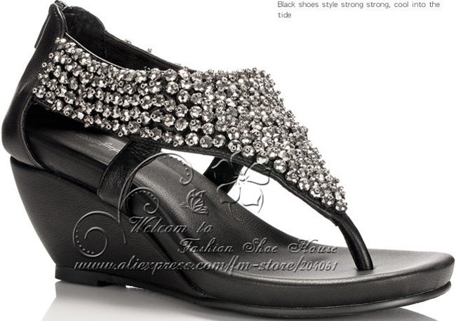 Retro Bohemia sandals hand beading wedge heel sandals sheepskin rhinestone flip flops women crystal shoes black